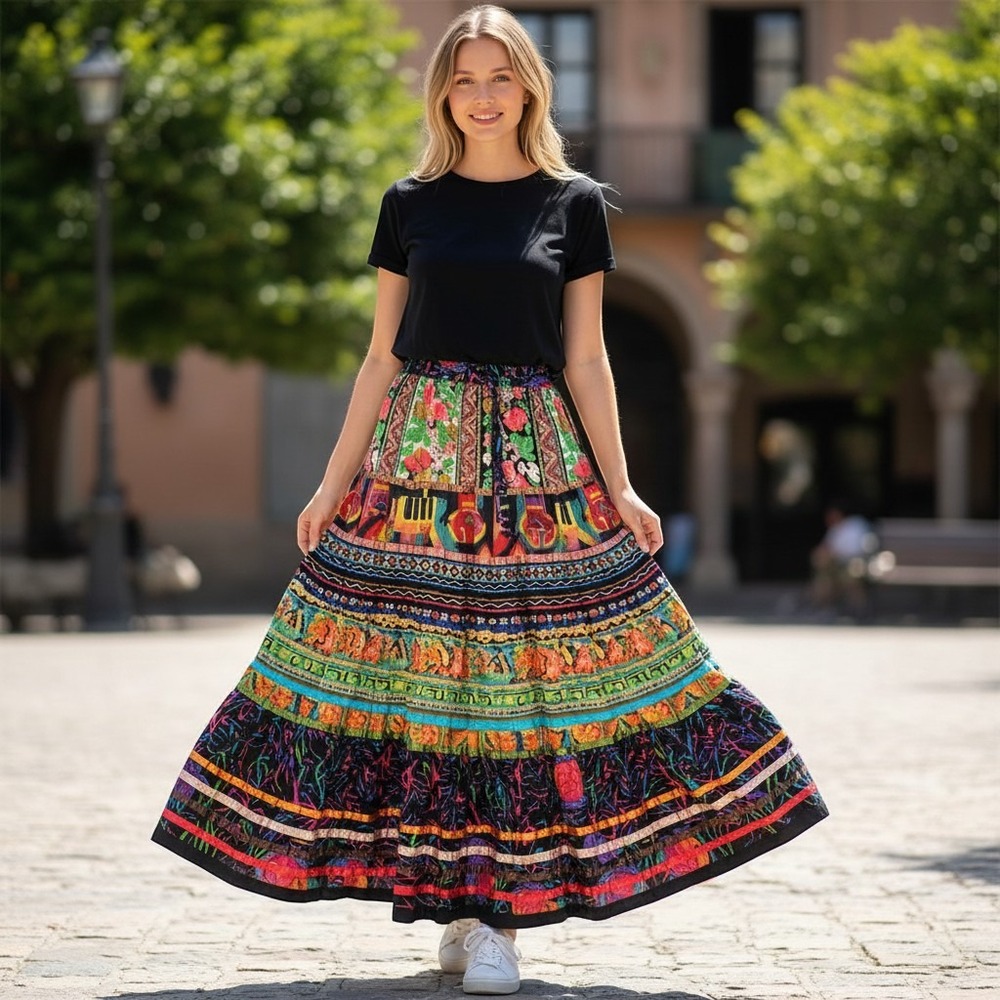 TravelSmith Broomstick Skirt L Multi Floral Tiered Boho Festival Gipsy Cotton
